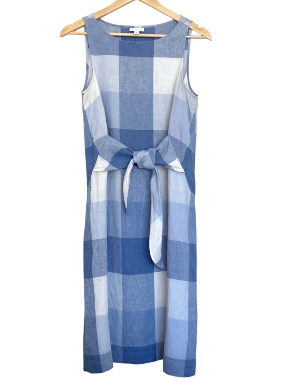 J JILL Love Linen Buffalo Check Tie Waist Linen Dress Size SP Gingham Blue